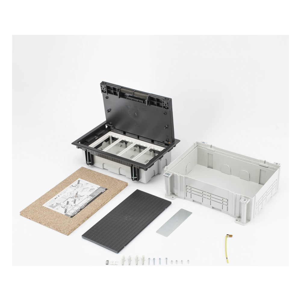Caja Para Instalación en Pavimento para Voz, Datos o Contactos Eléctricos / Capacidad para 4 Módulos / Espacio Embellecedor en la Tapa / Profundidad