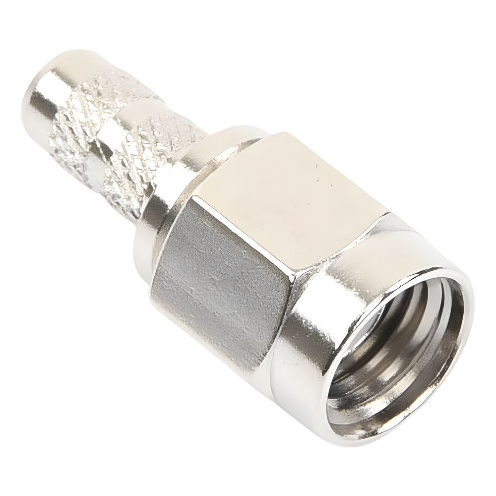 Conector SMA Macho de Anillo Plegable / Cable RG-58/U, RG-142/U, LMR-195 / 50 Ohm / 0 a 12.4 GHz / VSWR 1.3 / Cuerpo Níquel / Contacto Oro / Aislante