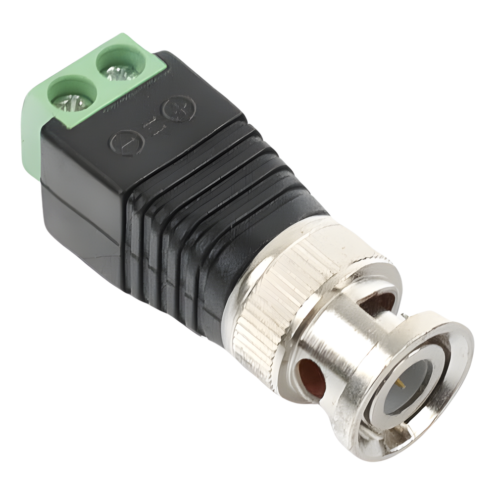 Adaptador de conector BNC macho a 2 terminales-tornillo para cables AWG-26-14, en aplicaciones Video Vigilancia, Níquel/ Oro/ PTFE y PVC.