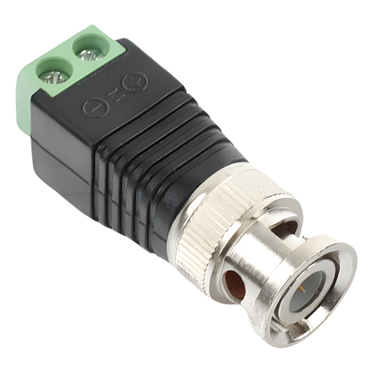 Adaptador de conector BNC macho a 2 terminales-tornillo para cables AWG-26-14, en aplicaciones Video Vigilancia, Níquel/ Oro/ PTFE y PVC.