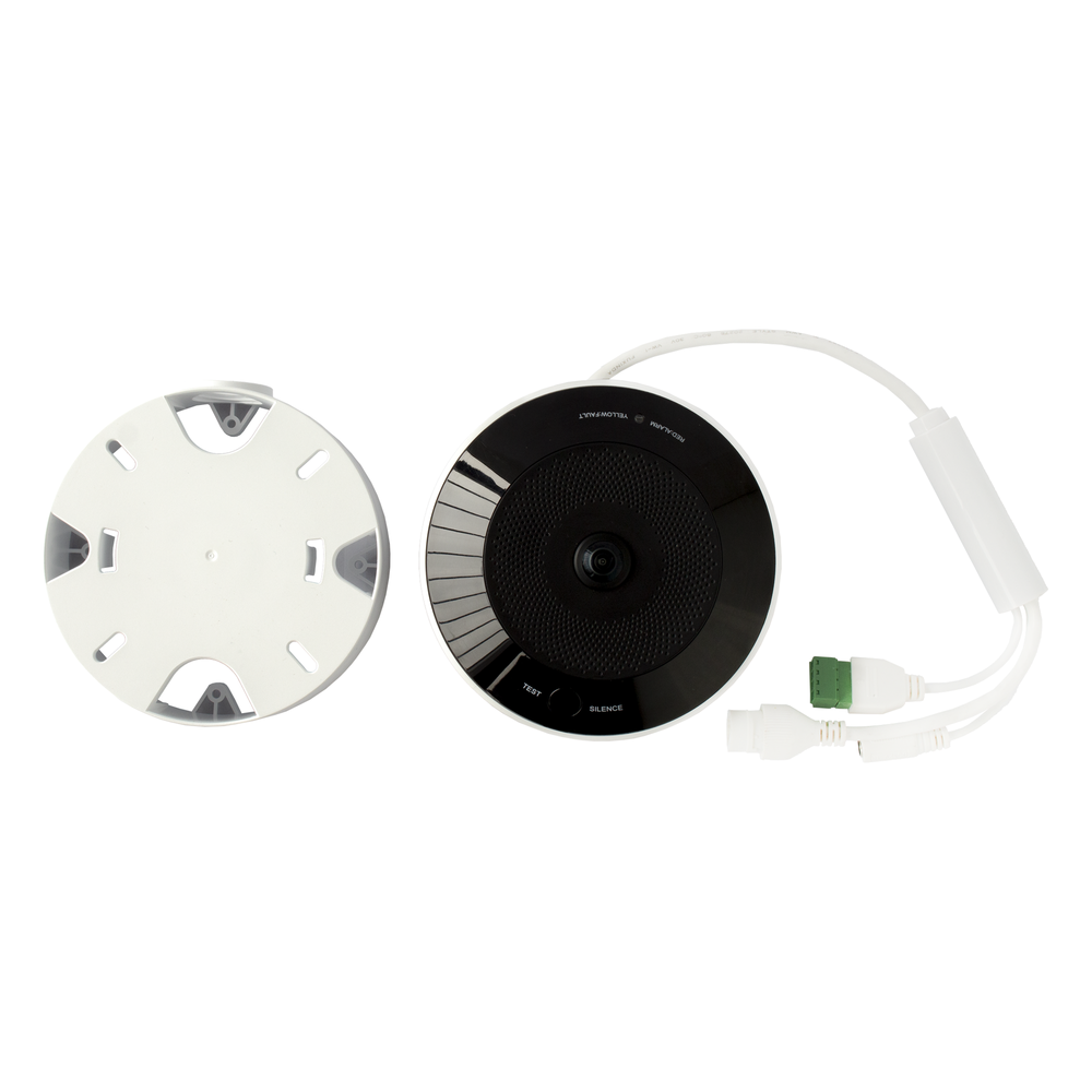 (HikFire) Mini Fisheye IP 4 Megapixel con Detector de Humo Puntual / Autónomo / Entrada y Salida de Alarma / 15 mts IR / PoE / WDR 120 dB / Alarma de