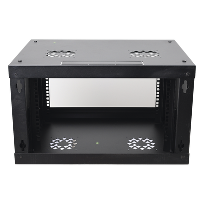 Gabinete de Pared de 6U con Puerta de Cristal Templado, 455 mm de Profundidad Total, Rack de 19in, Acero Reforzado Color Negro.