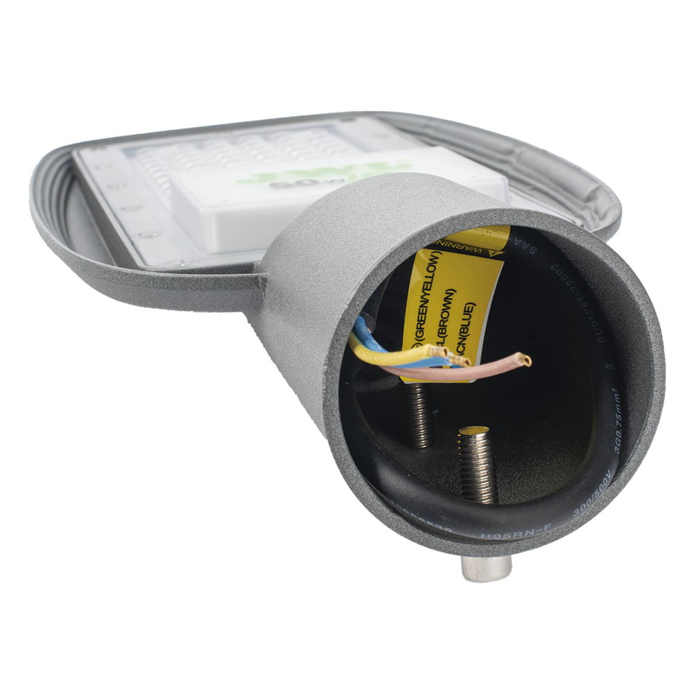 Luminaria LED de 50 W/ 100 - 265 V CA ~50/60 Hz / Fotocelda / Color Blanco/ Dimensiones 160 x 390 x 78 mm / Ángulo de Luz 135°.
