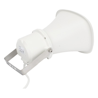 Bocina (Altavoz IP ) | Tipo Trompeta | 25 Watts | No requiere amplificador | 24VCD | Exterior IP67 | Metal | Entrada de alarma | Voceo en tiempo real