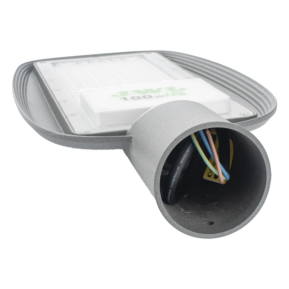 Luminaria LED de 100 W / 100 - 265 V CA~50/60 Hz / Fotocelda / Color Blanco/ Dimensiones 200 x 465 x 78 mm / Ángulo de Luz 135°.