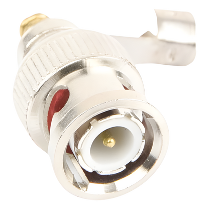 Conector BNC macho en 75 Ohm, para cable coaxial RG-59 / Con base de alivio negra de PVC, Níquel/ Oro/ PTFE
