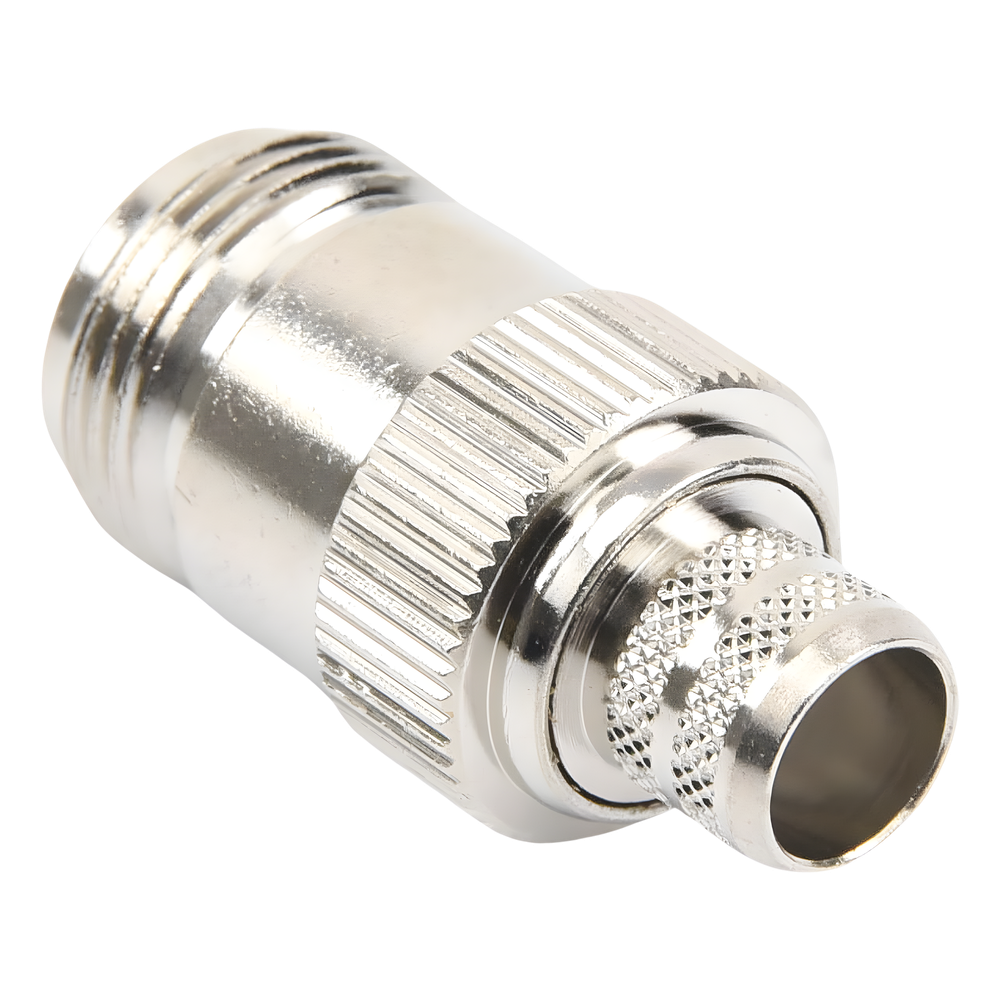 Conector N Hembra Inverso de Anillo Plegable para Cables 9913, RG-8/U, LMR-400, Grupo I, Níquel/ Oro/ Teflón