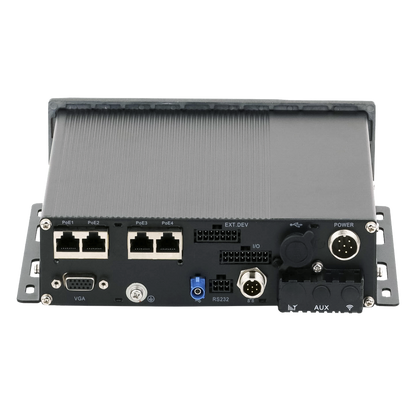 NVR Móvil Vehicular de 8 Canales / 4 PoE + 4 vía Switch / 2 Megapixel / H.265 / GPS + Sensor G / 2 Bahías HDD / RJ45 / Aluminio Industrial