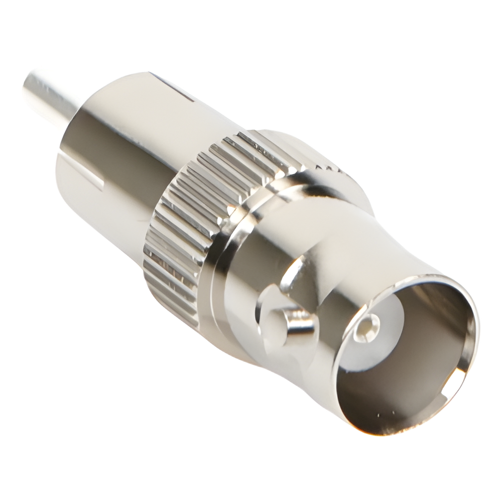 Adaptador de BNC Hembra a RCA Macho en 50 Ohm para Fono, uso en Aplicaciones de Audio-Video, Níquel/ Plata/ Delrin