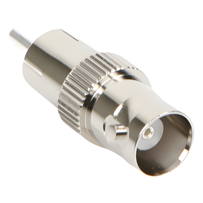 Adaptador de BNC Hembra a RCA Macho en 50 Ohm para Fono, uso en Aplicaciones de Audio-Video, Níquel/ Plata/ Delrin