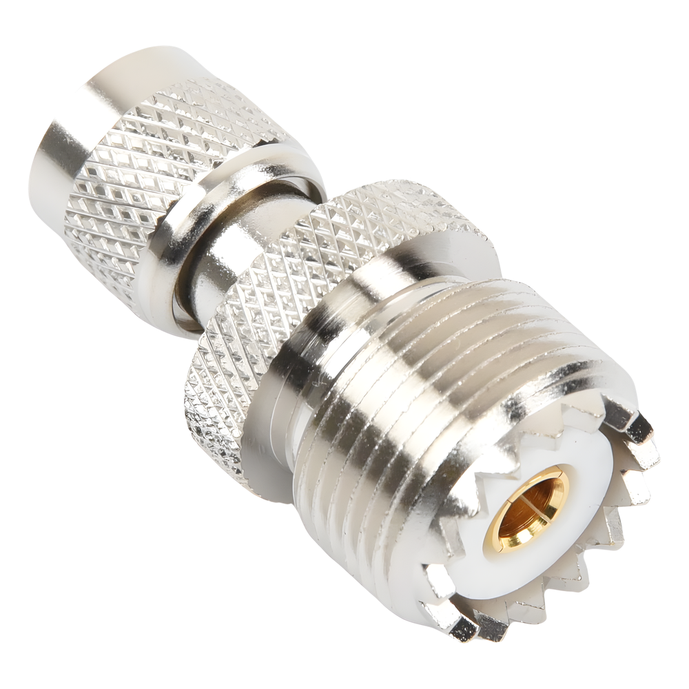 Adaptador en Línea de Conector Mini UHF Macho a UHF Hembra (SO-239), Níquel/ Oro/ Teflón