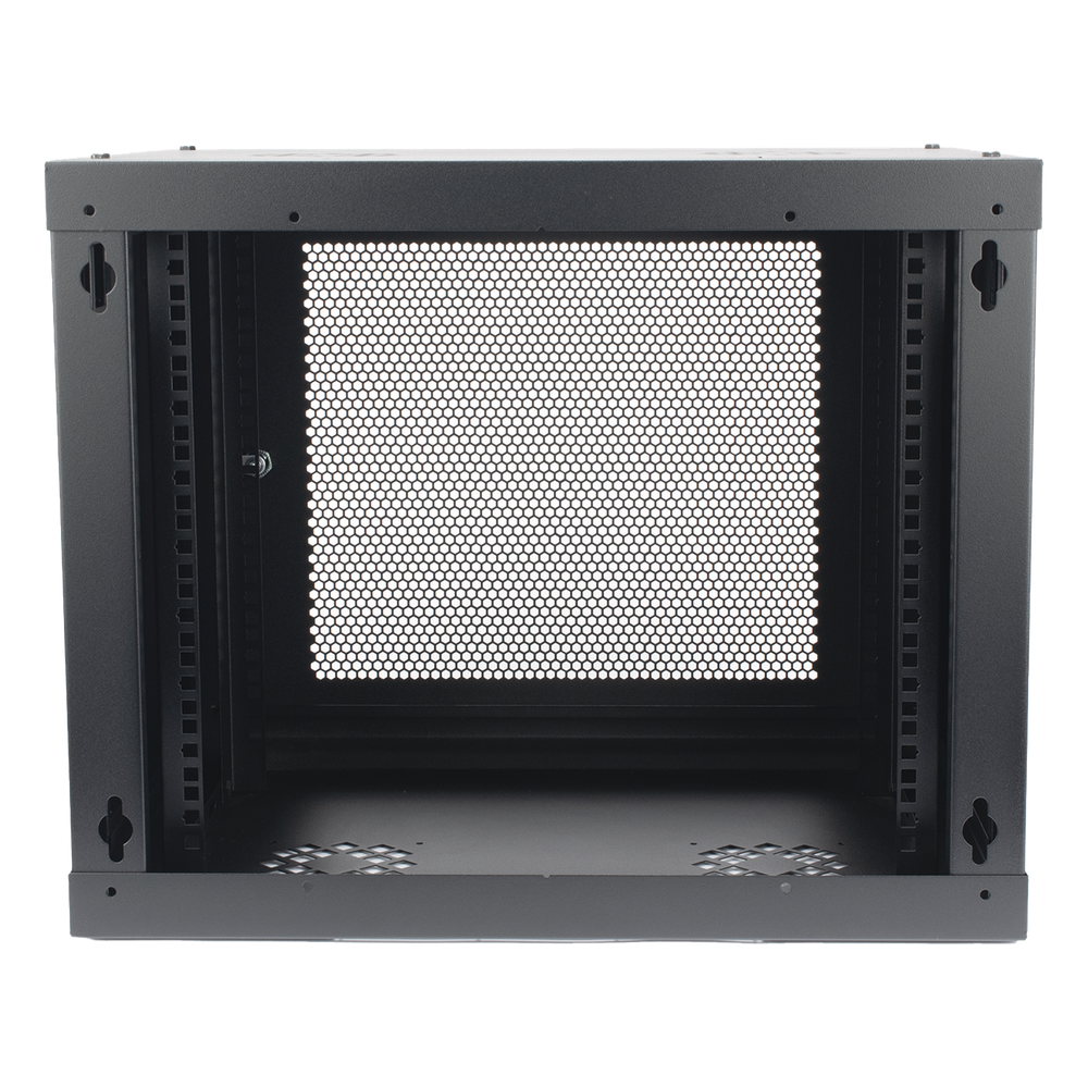Gabinete de Pared de 9U con Puerta Perforada, 455 mm de Profundidad, Rack de 19'', Acero Reforzado Color Negro.