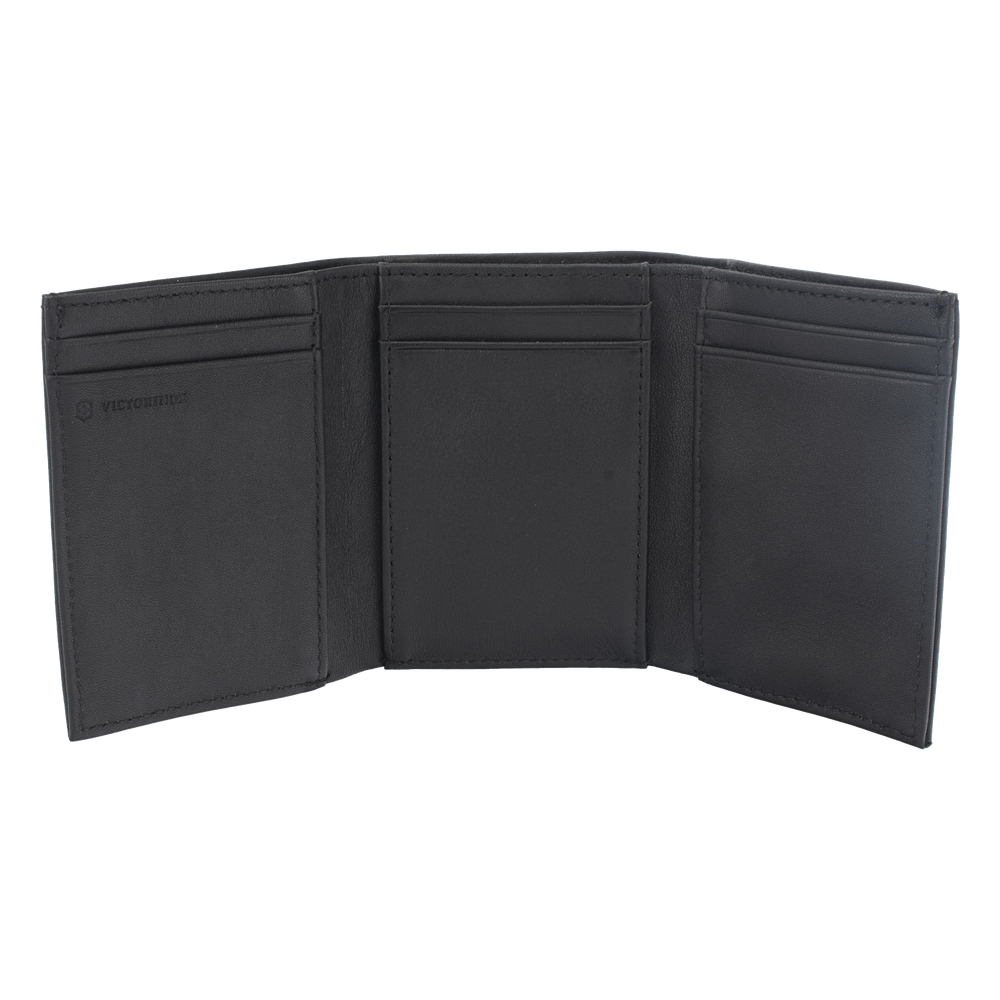 Cartera Athens Negra de Piel con Compartimento de Micromalla para ID. Doblable en 3 Partes con Divisor de Billetes. Pocket Wallet