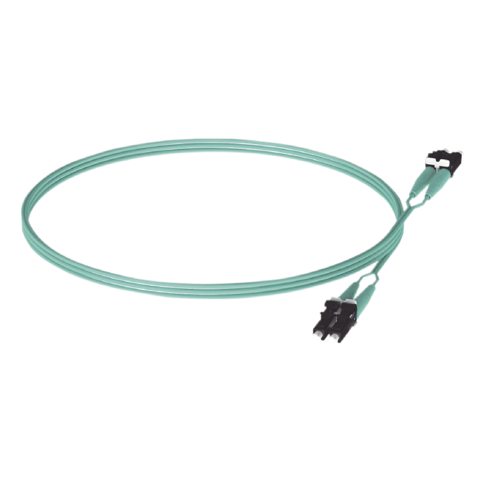 Jumper de Fibra Optica Multimodo 50/125 OM3, LC-LC Duplex, OFNR (Riser), Color Aqua, 5 Metros (16.40 Pies)