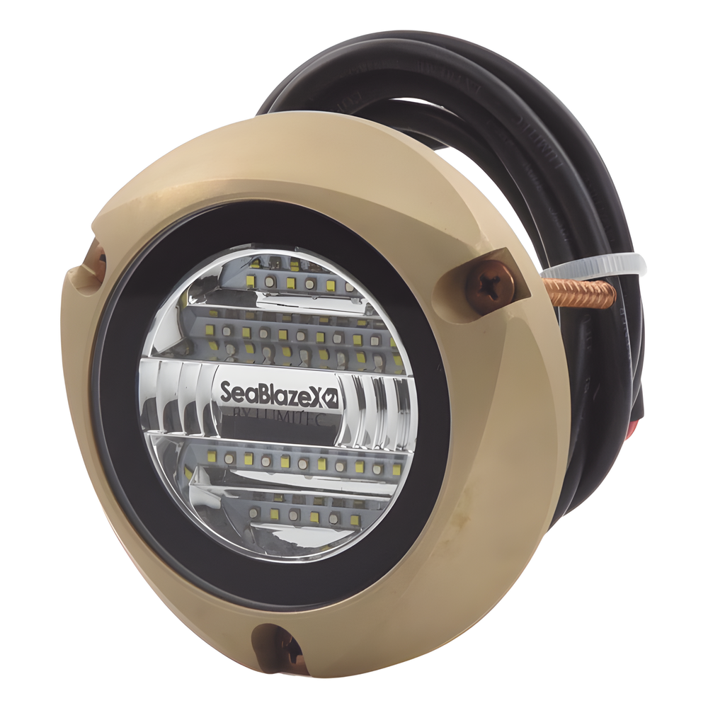 Luz led marina sumergible SeaBlaze X2, emite luz de color blanco y azul de 6000 lúmenes, fabricada en bronce naval con grado de protección IP68