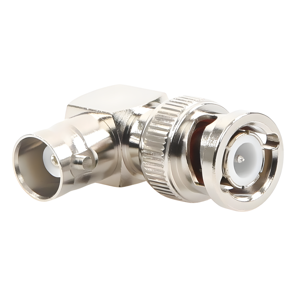 Adaptador RF en Ángulo Recto / Conector BNC Macho a BNC Hembra / 50 Ohm / Cuerpo Bronce Níquel / Contacto Plata / Aislante Teflón
