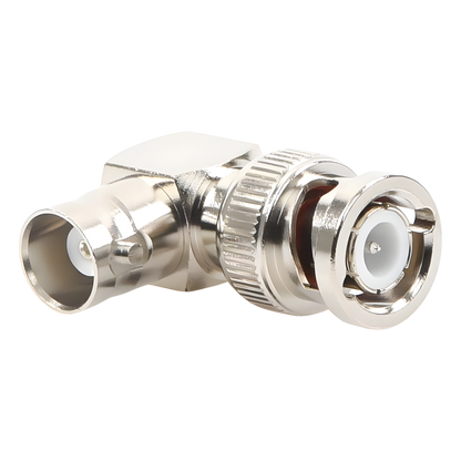 Adaptador RF en Ángulo Recto / Conector BNC Macho a BNC Hembra / 50 Ohm / Cuerpo Bronce Níquel / Contacto Plata / Aislante Teflón