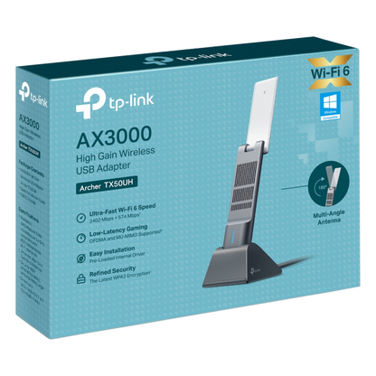 Adaptador USB Wireless Wi-Fi 6 / AX3000 (2402 Mbps + 574 Mbps) / Antenas de Alta Ganancia / USB 3.0 / Baja Latencia Gaming / WPA3 / Cuna Desmontable