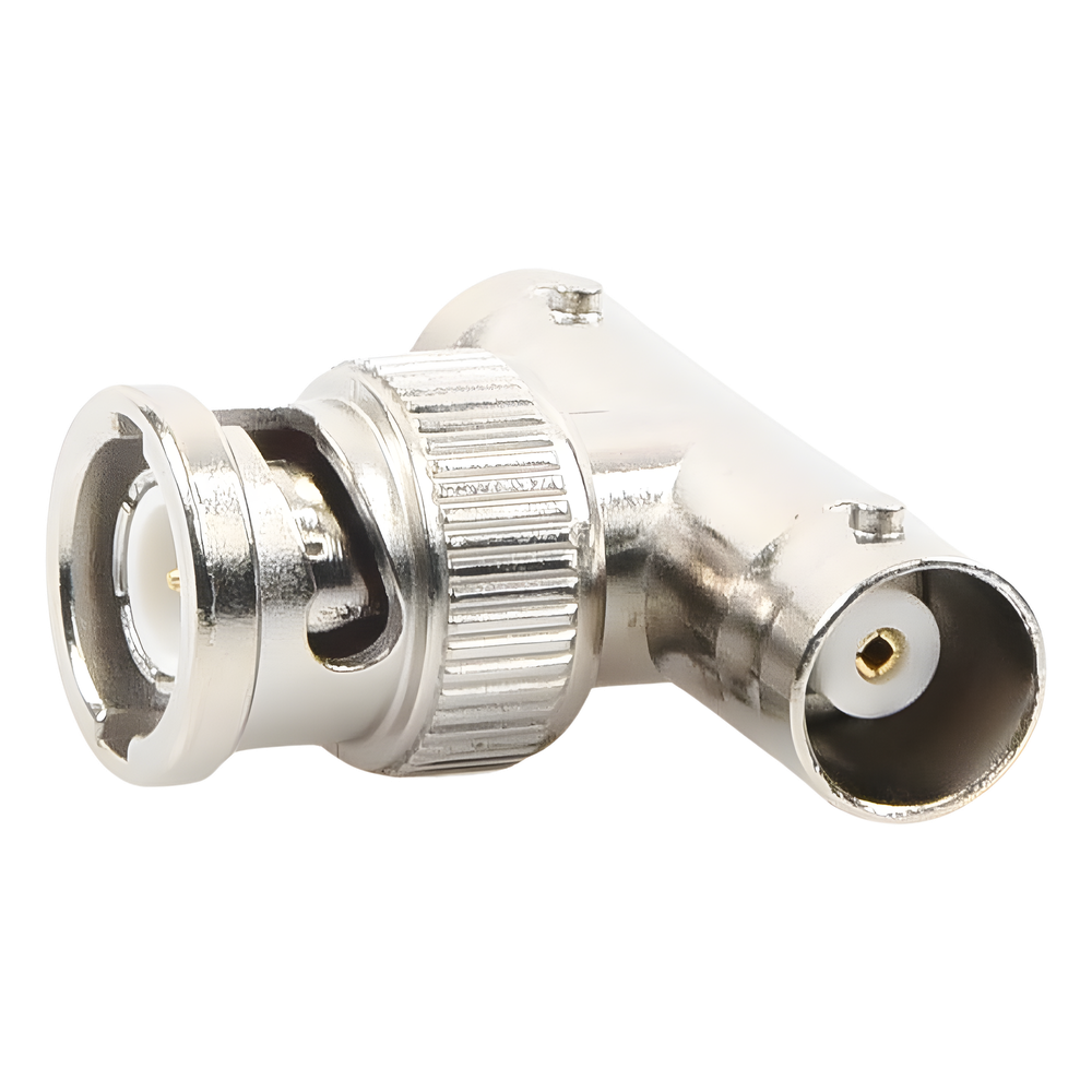 Adaptador en T para 50 Ohm de BNC Macho a Doble BNC Hembra, Troquelado, Níquel/ Oro/ Delrin