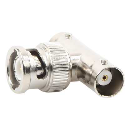 Adaptador en T para 50 Ohm de BNC Macho a Doble BNC Hembra, Troquelado, Níquel/ Oro/ Delrin