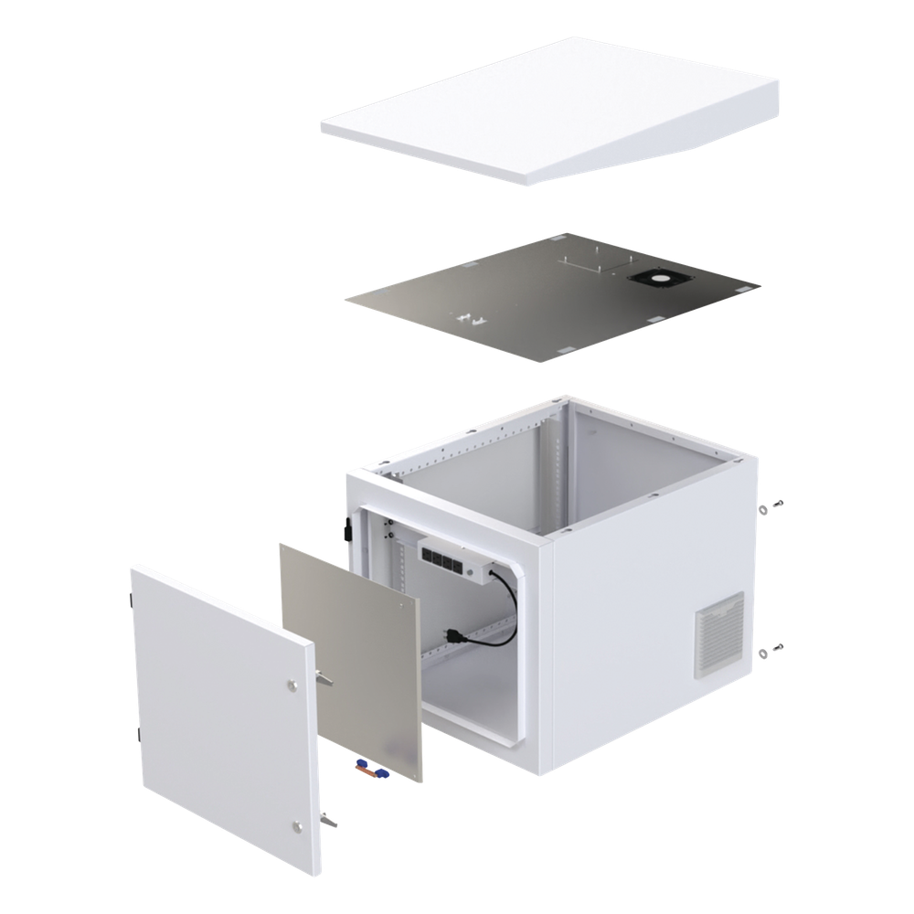 Gabinete PROFUNDO hasta 705 mm de profundidad, de Exterior de 9UR con Ventiladores y Termostato, Se envía el Gabinete Armado, (Montaje a poste o