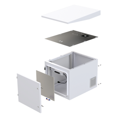 Gabinete PROFUNDO hasta 705 mm de profundidad, de Exterior de 9UR con Ventiladores y Termostato, Se envía el Gabinete Armado, (Montaje a poste o