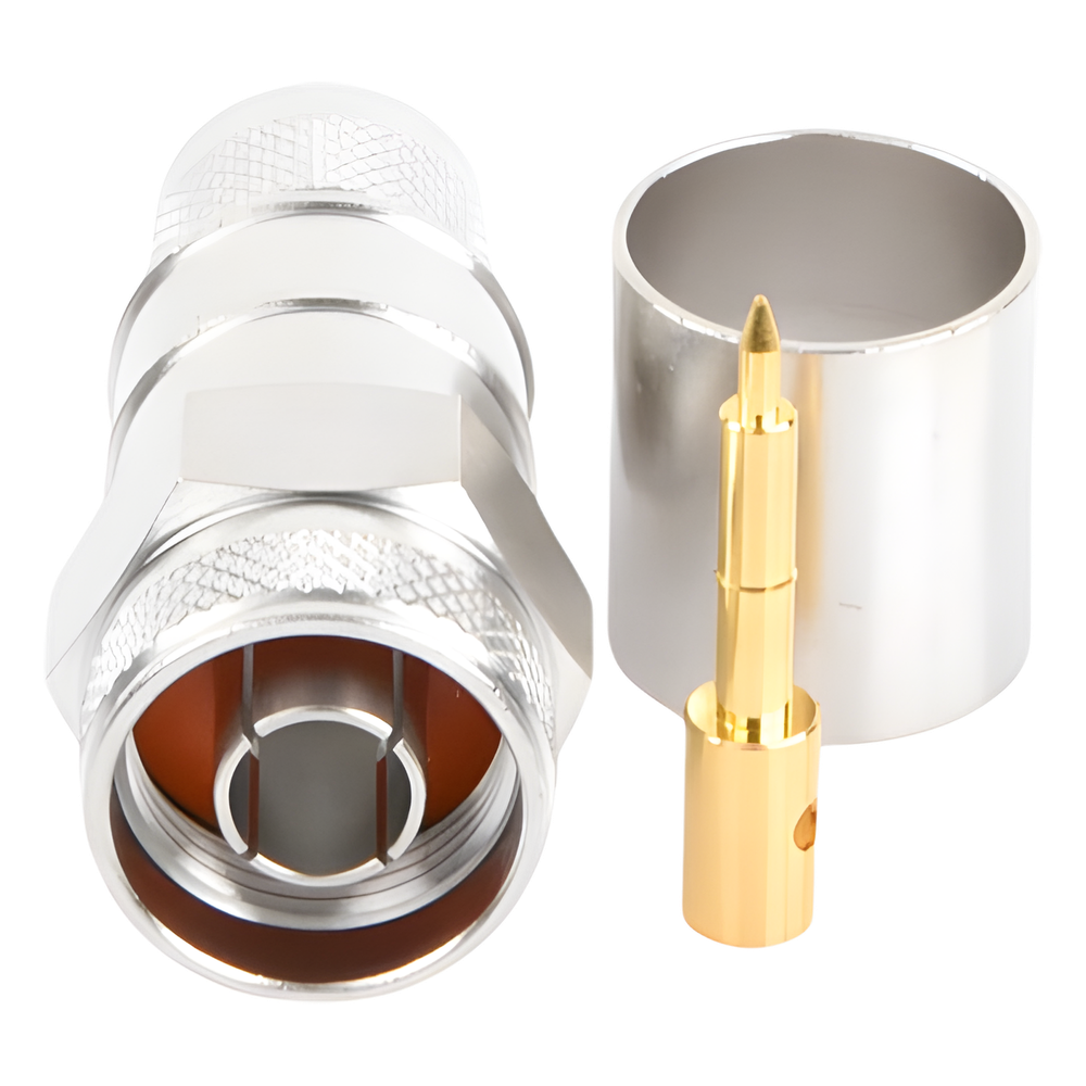 Conector N Macho Hexagonal de Anillo Plegable / Cable LMR-600, CNT-600, LP-600, Belden 7977A / Cuerpo Bronce Plateado / Contacto Oro / Aislante Teflón