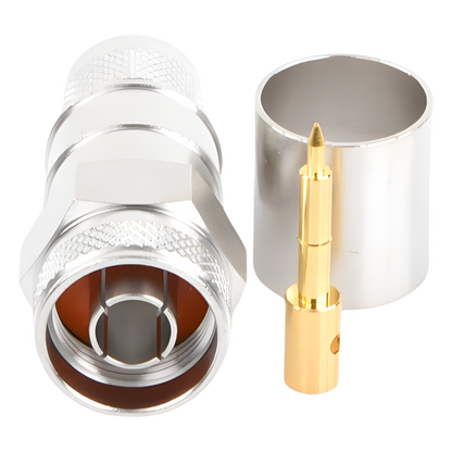 Conector N Macho Hexagonal de Anillo Plegable / Cable LMR-600, CNT-600, LP-600, Belden 7977A / Cuerpo Bronce Plateado / Contacto Oro / Aislante Teflón