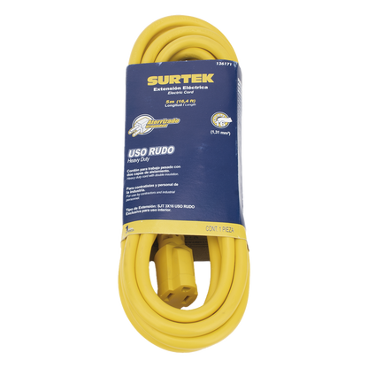 Extensión Eléctrica de Uso Rudo Aterrizada 5 metros /127 V CA 10 A Máximo / Color Amarillo.