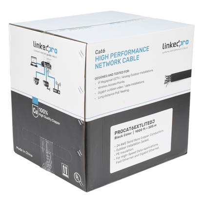 Bobina de Cable UTP 305 Metros (1000 Pies), Cat6 con Doble Forro, para Exterior, Climas Extremos, Color Negro