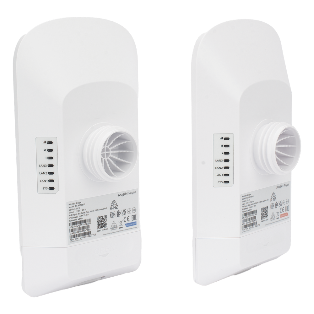 Kit Punto a Punto Ruijie RG-EST350G / Wi-Fi 5 (802.11ac Wave2) 867 Mbps / Antena 16 dBi MIMO 2x2 MU-MIMO / 3 Puertos Gigabit / Alcance 5 km (16,404