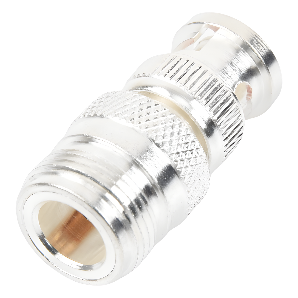 Adaptador en Linea para 50 Ohm, de Conector N Hembra a BNC Macho, Plata /Oro /Teflón