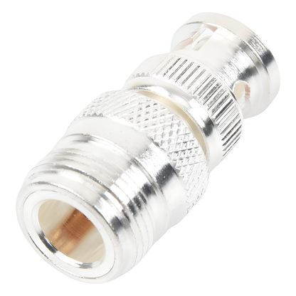 Adaptador en Linea para 50 Ohm, de Conector N Hembra a BNC Macho, Plata /Oro /Teflón