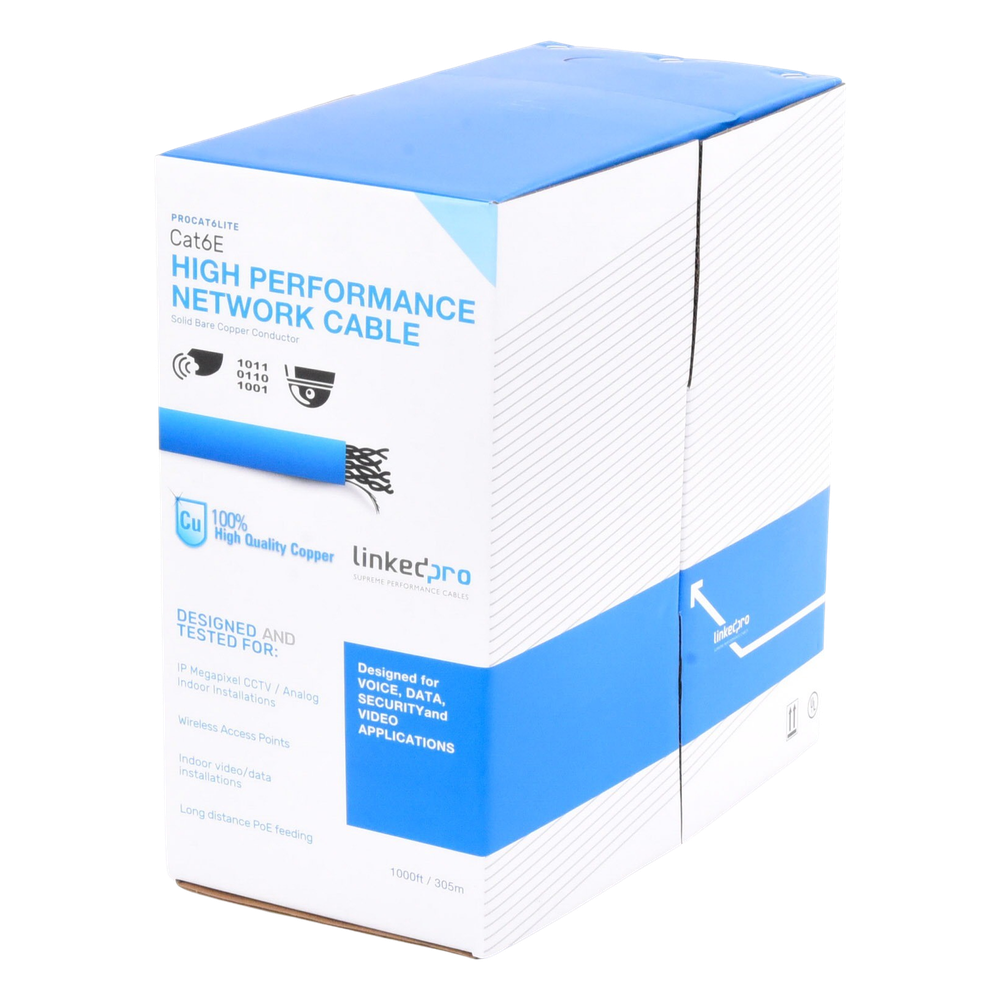 Bobina de Cable de 305 Metros (1000 Pies) Cat6, CM, 24 AWG, Alto Rendimiento, ETL, UL, Color Azul, Super Flexible, para Aplicaciones de