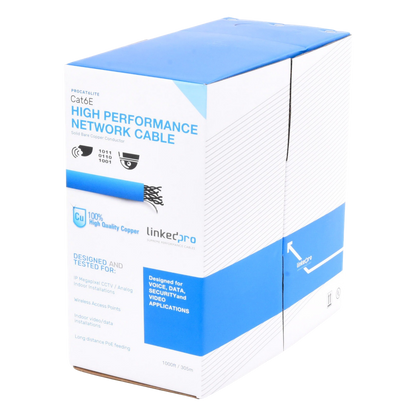 Bobina de Cable de 305 Metros (1000 Pies) Cat6, CM, 24 AWG, Alto Rendimiento, ETL, UL, Color Azul, Super Flexible, para Aplicaciones de