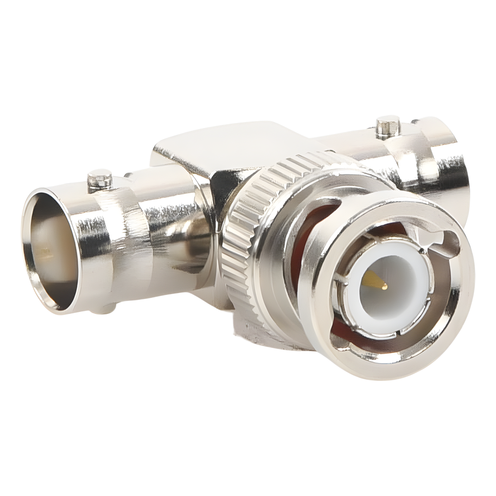 Adaptador en T para 50 Ohm de BNC Macho a Doble BNC Hembra, Maquinado, Níquel/ Oro/ Teflón