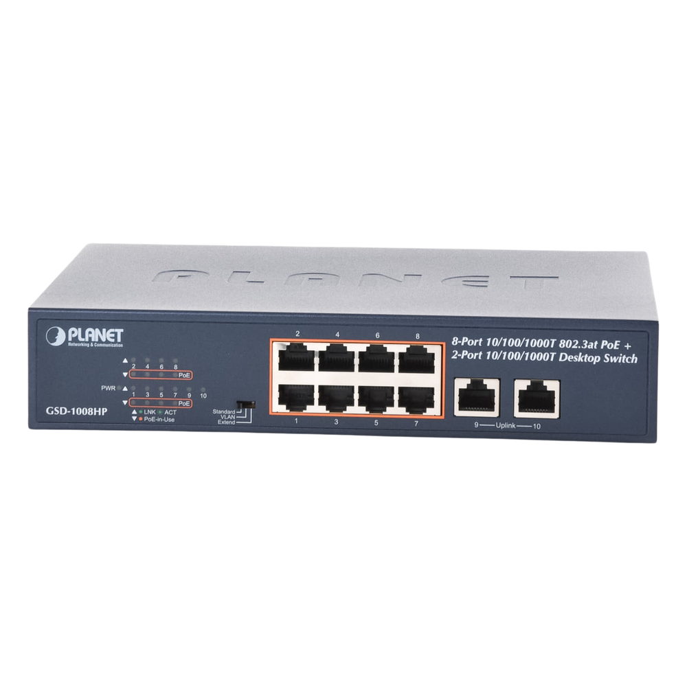 Switch de Escritorio No Administrable / 8 Puertos 10/100/1000T PoE+ 802.3at / 2 Puertos Uplink 10/100/1000T / Presupuesto PoE 120 Watts / Modos
