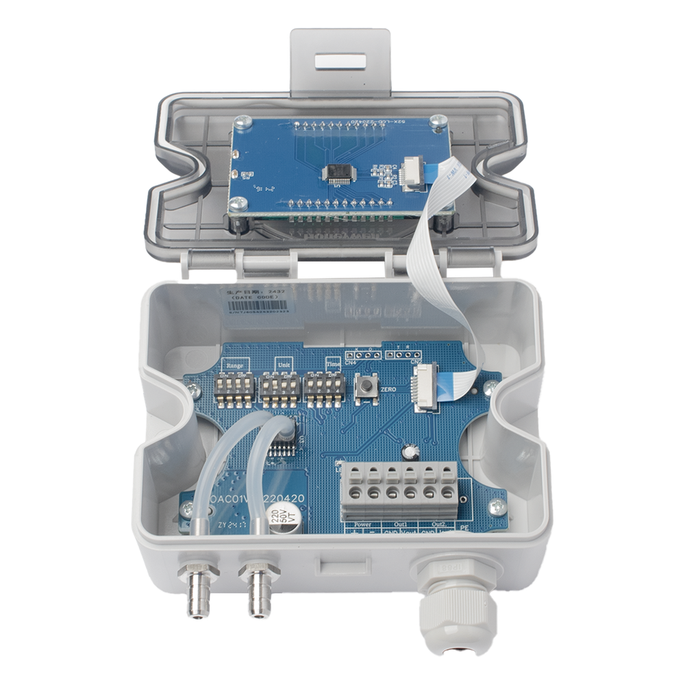 Transmisor de presión diferencial de aire con pantalla LCD, rango ±10,000 Pa, salida 0-10V y 4-20mA, para sistemas HVAC