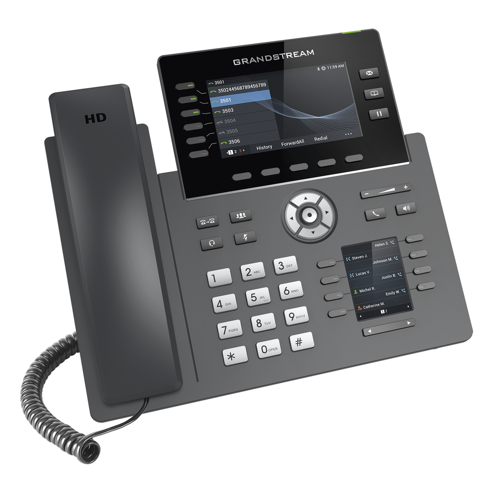 Teléfono IP Wi-Fi, Grado Operador, 6 líneas SIP con 6 cuentas, pantalla a color 4.3", puertos Gigabit, Bluetooth, PoE, codec Opus, IPV4/IPV6 con