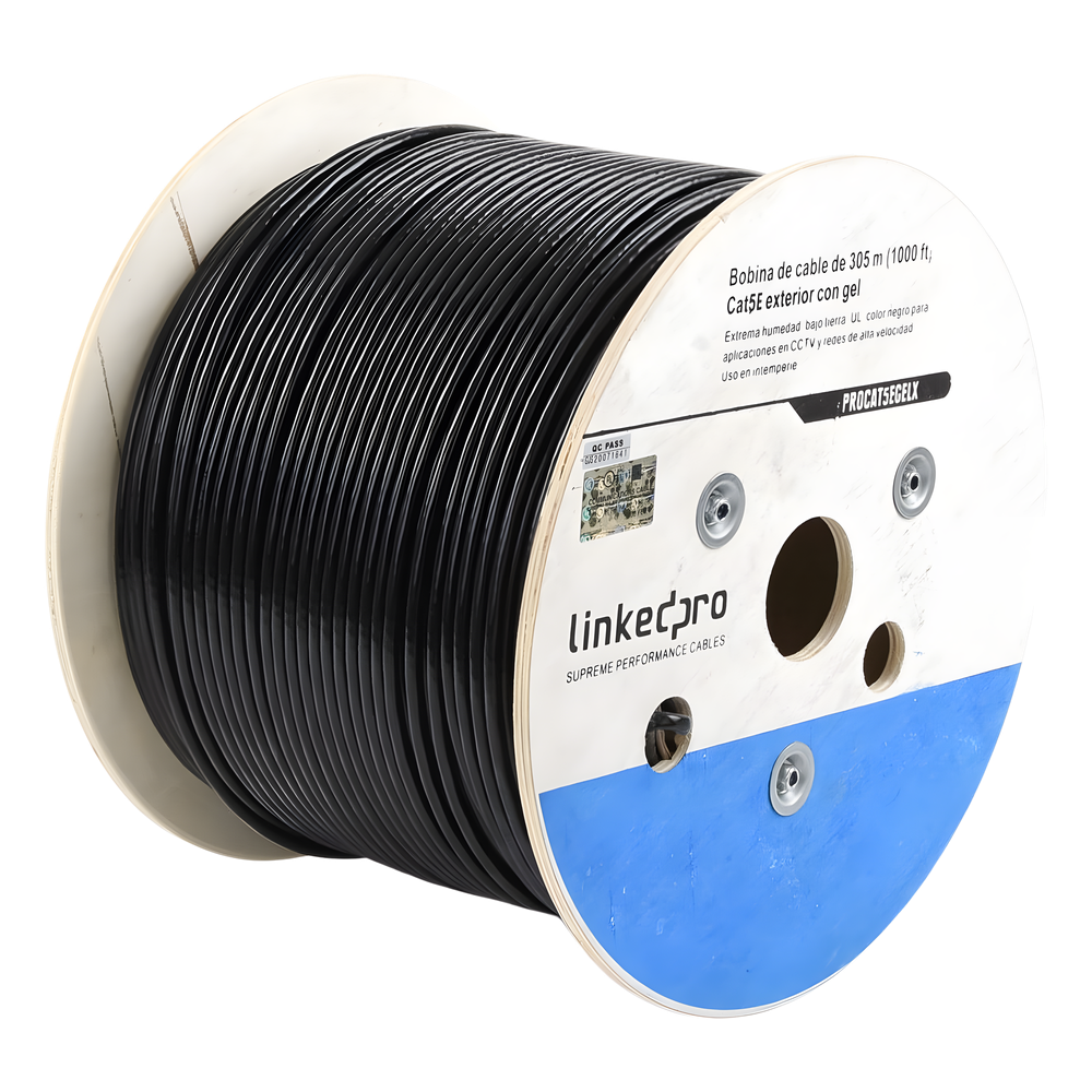 Bobina de Cable de 305 Metros (1000 Pies), Cat5E, con Gel, para Intemperie, Doble Forro Extrema Humedad, Bajo Tierra, UL, Color Negro para
