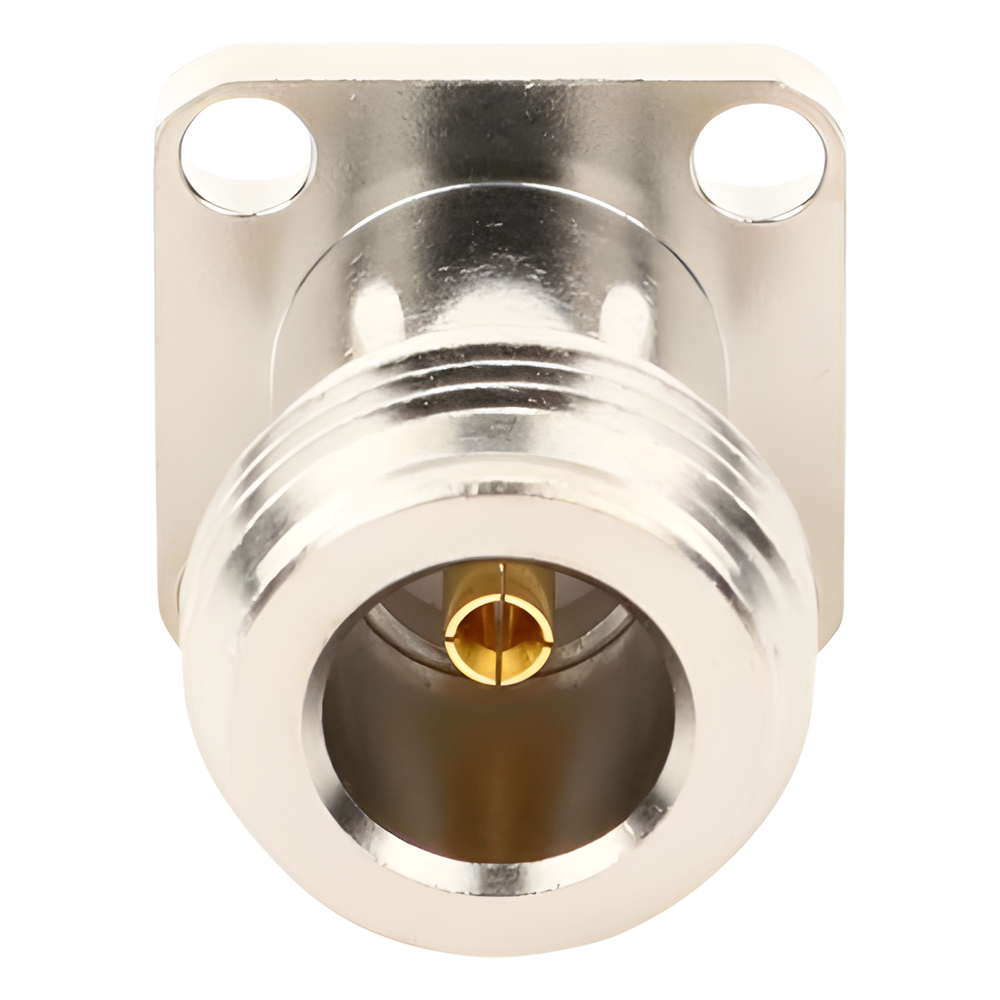Conector N Hembra de Montaje de Panel con 4 perforaciones a 12.7 mm, soldable