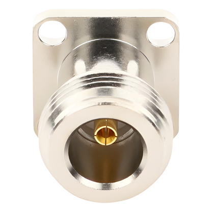 Conector N Hembra de Montaje de Panel con 4 perforaciones a 12.7 mm, soldable