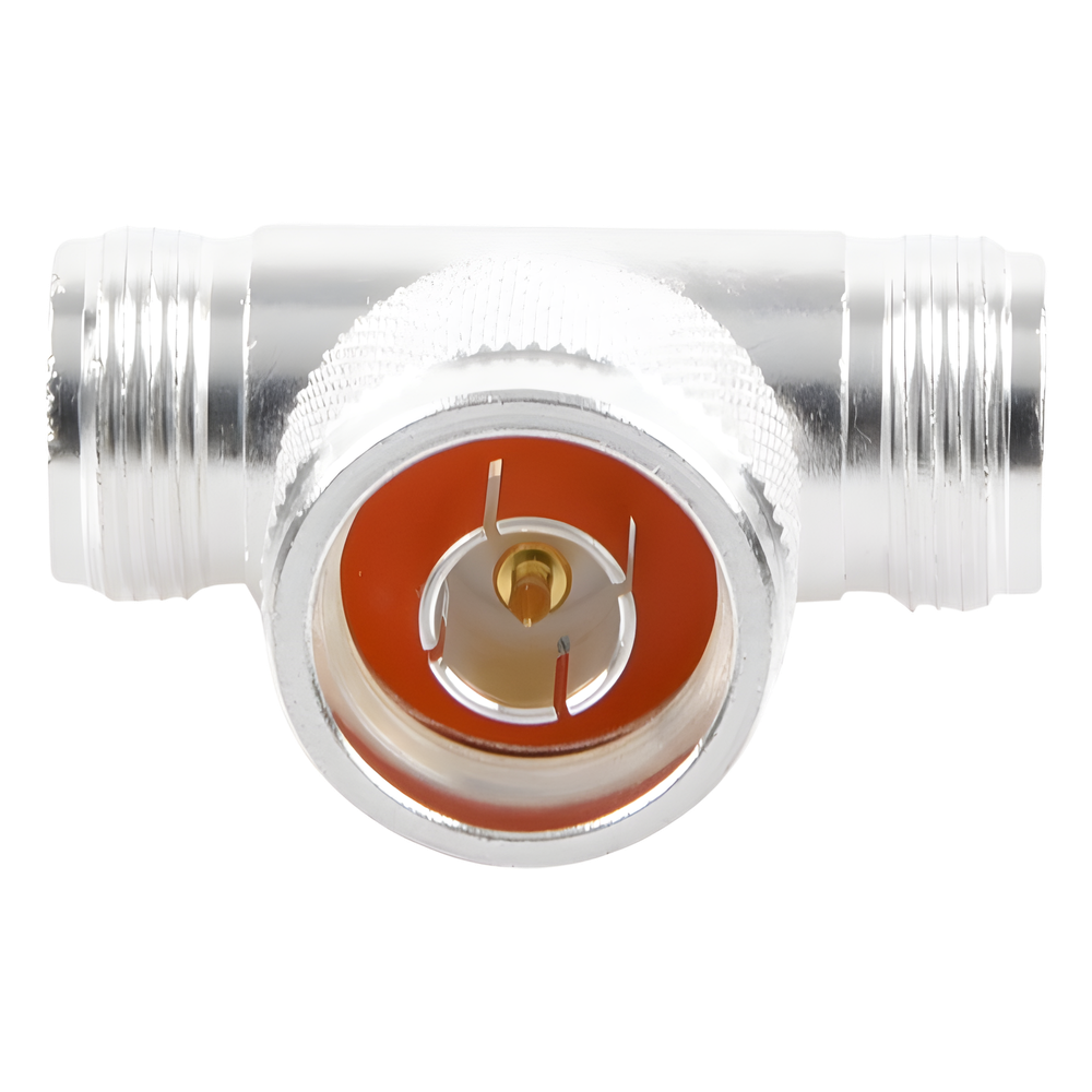Adaptador en T, de Conector N Macho a Doble N Hembra, Plata/ Oro/ Teflón