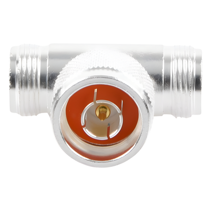 Adaptador en T, de Conector N Macho a Doble N Hembra, Plata/ Oro/ Teflón