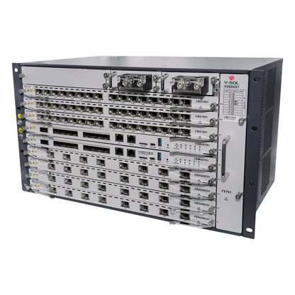 OLT Modular tipo Chasis GPON/XGS-PON Combo, 7 Ranuras de Servicio, Incluye 1 Tarjeta de Servicio de 16 puertos GPON