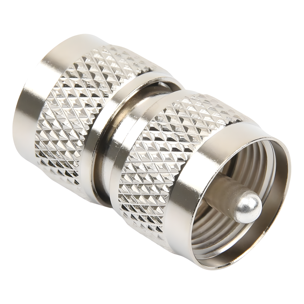 Adaptador RF Barril en Línea / Conector UHF Macho (PL-259) a UHF Macho (PL-259) / Cuerpo Bronce Níquel / Contacto Plata / Aislante Teflón