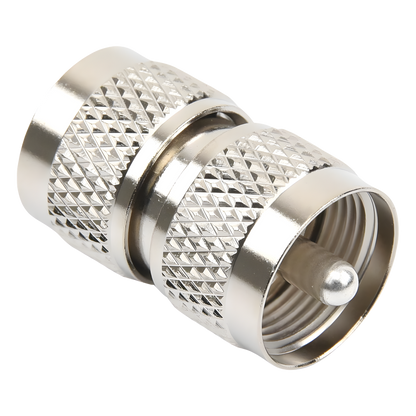 Adaptador RF Barril en Línea / Conector UHF Macho (PL-259) a UHF Macho (PL-259) / Cuerpo Bronce Níquel / Contacto Plata / Aislante Teflón