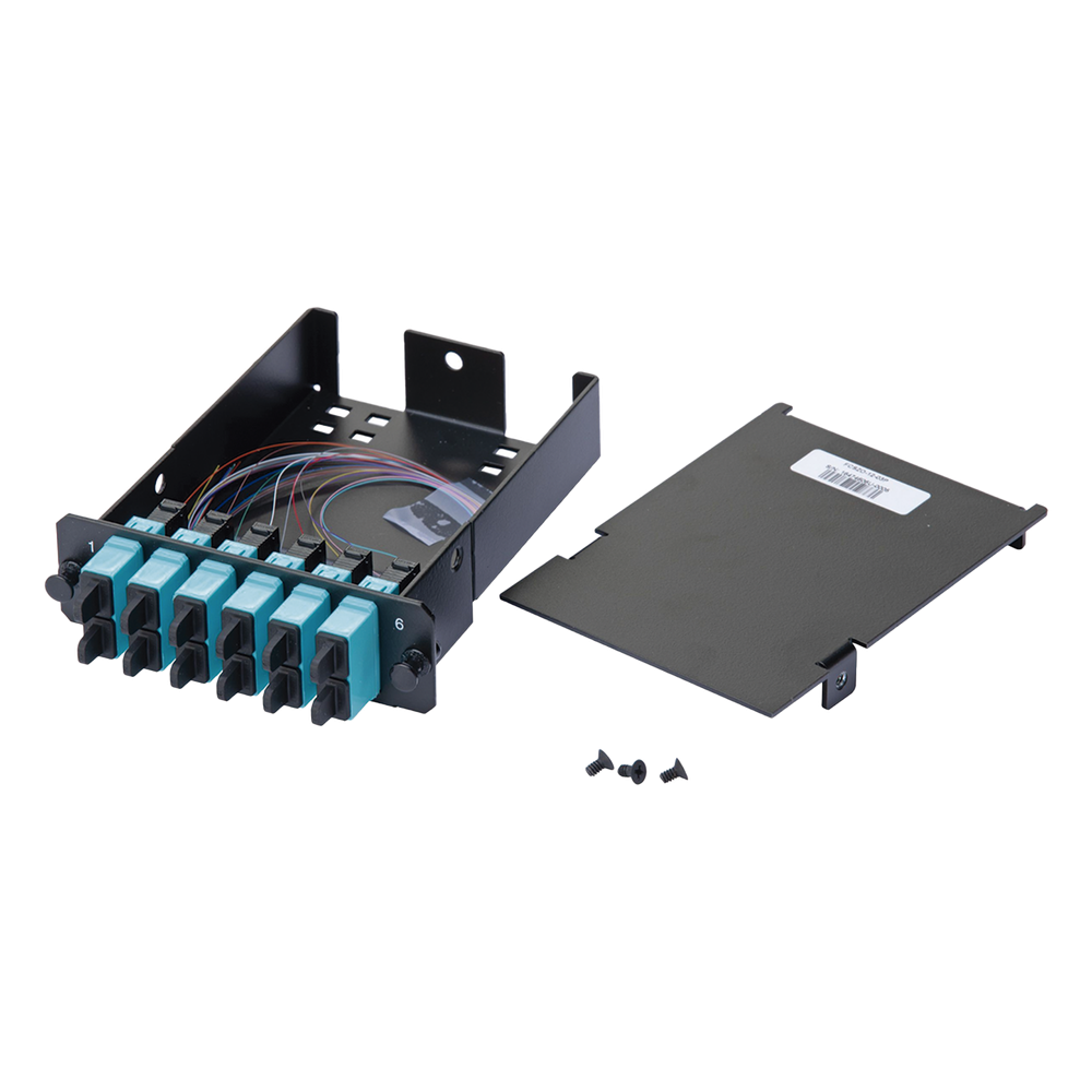 Placa Acopladora de Fibra Óptica FAP, Con 12 Pigtails y 6 Conectores SC Duplex (12 Fibras), Para Fibra Multimodo OM3/OM4, Color Aqua