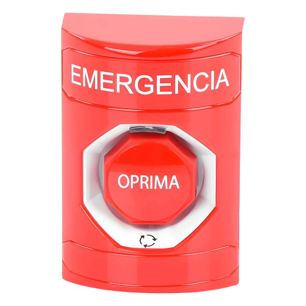 Botón de Emergencia, Texto en Español, Color Rojo, Acción Mantenida, Girar para Restablecer y LED Multicolor