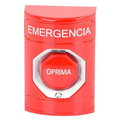 Botón de Emergencia, Texto en Español, Color Rojo, Acción Mantenida, Girar para Restablecer y LED Multicolor